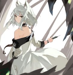 Rule 34 | 1girl, animal ears, arknights, bare shoulders, black collar, cat ears, coat, collar, commentary request, from behind, green eyes, green hair, hand in pocket, highres, holding, holding syringe, kal&#039;tsit (arknights), looking at viewer, looking back, material growth, mon3tr (arknights), off-shoulder coat, off shoulder, open clothes, open coat, oripathy lesion (arknights), short hair, solo, syringe, was775, watch, white coat, wristwatch