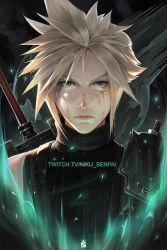 Rule 34 | 1boy, armor, blonde hair, blood, blood on face, blue eyes, buster sword, cloud strife, final fantasy, final fantasy vii, final fantasy vii remake, highres, looking at viewer, male focus, meteor, nikusenpai, portrait, short hair, shoulder armor, sleeveless, sleeveless turtleneck, solo, spiked hair, suspenders, turtleneck, twitch username, v-shaped eyebrows, weapon, weapon on back
