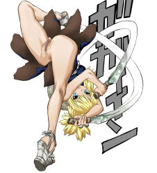 Rule 34 | 1girl, auge (akd), blonde hair, dr. stone, dress, dual wielding, female focus, female pubic hair, full body, green eyes, highres, holding, holding knife, jumping, knife, kohaku (dr. stone), leg lift, looking at viewer, looking back, no panties, pubic hair, pussy, shoes, simple background, solo, uncensored, white background