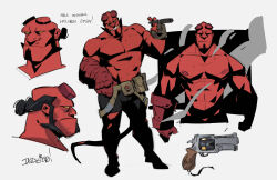 Rule 34 | 1boy, absurdres, arts of indiego, bald spot, bara, blank eyes, broken horn, cigar, colored skin, demon boy, english text, full body, gun, hellboy, hellboy (comic), highres, horns, large pectorals, looking at viewer, male focus, mature male, monster boy, multiple views, muscular, muscular male, mutton chops, nipples, pants, pectorals, profile, red skin, standing, strongman waist, thick thighs, thighs, topless male, weapon