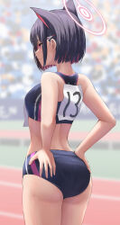 Rule 34 | 1girl, alternate costume, animal ears, ass, back, bare arms, bare shoulders, black buruma, black hair, black sports bra, blue archive, blurry, blurry background, blush, bob cut, buruma, cat ears, closed mouth, colored inner hair, cowboy shot, extra ears, from behind, hair behind ear, hair ornament, hairclip, halo, hands on own hips, highres, kazusa (blue archive), looking ahead, multicolored hair, outdoors, pink eyes, pink hair, profile, race bib, revision, short hair, sidelocks, silver bullet (ecc12 8), solo, sports bra, thighs, track and field, two-tone hair