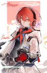 Rule 34 | 1girl, absurdres, angel, arknights, black shirt, character name, closed mouth, dated, detached wings, energy wings, exusiai (arknights), halo, headphones, helmet, highres, jacket, luan teng, neckerchief, red eyes, red hair, red neckerchief, shirt, short hair, signature, solo, white jacket, wings