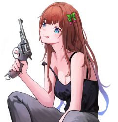 Rule 34 | .live, 1girl, :p, absurdres, black shirt, blue eyes, bow, breasts, brown hair, cleavage, collarbone, green bow, grey pants, gun, hair bow, hair intakes, handgun, highres, holding, holding gun, holding weapon, junshiki, kakyouin chieri, long hair, medium breasts, nagant m1895, off shoulder, pants, revolver, shirt, simple background, sitting, sleeveless, sleeveless shirt, solo, tongue, tongue out, very long hair, virtual youtuber, weapon, white background