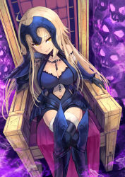 Rule 34 | 1girl, blonde hair, breasts, chain, cleavage, crossed legs, dress, fate/grand order, fate (series), gloves, grin, jeanne d&#039;arc (fate), jeanne d&#039;arc alter (avenger) (fate), jeanne d&#039;arc alter (avenger) (third ascension) (fate), jeanne d&#039;arc alter (fate), large breasts, long hair, sawawse, sitting, skull, smile, solo, thighhighs, throne, yellow eyes