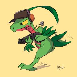 Rule 34 | advos, colored sclera, cosplay, creatures (company), dog tags, full body, game freak, gen 3 pokemon, grovyle, gun, hat, headset, highres, holding, holding gun, holding weapon, nintendo, no humans, pokemon, pokemon (creature), running, scattergun, scout (tf2), shotgun, simple background, team fortress 2, the scout (cosplay), weapon, yellow background, yellow sclera