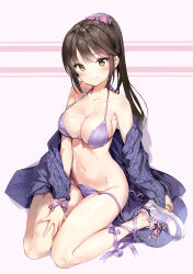 Rule 34 | 1girl, absurdres, ankle ribbon, anmi, aran sweater, bare shoulders, bikini, breasts, brown hair, cable knit, cleavage, collarbone, detexted, full body, hair ornament, highres, large breasts, leg ribbon, long hair, mole, mole under mouth, navel, no socks, off shoulder, original, ponytail, purple bikini, ribbon, scan, shiny skin, shoes, side-tie bikini bottom, sitting, sneakers, solo, sweater, swimsuit, thighs, third-party edit, untied bikini, wariza, wrist ribbon, yellow eyes