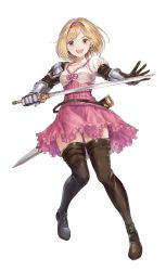 Rule 34 | 1girl, :d, armor, blonde hair, boots, breasts, brown footwear, brown gloves, cleavage, collarbone, corset, djeeta (granblue fantasy), frilled skirt, frills, full body, gauntlets, gloves, granblue fantasy, hair intakes, hairband, highres, holding, holding sword, holding weapon, looking at viewer, medium hair, miniskirt, open mouth, orangekun, panties, pantyshot, pink hairband, pink panties, pink skirt, scabbard, sheath, shoulder armor, skirt, small breasts, smile, solo, standing, sword, thigh boots, thighhighs, transparent background, underwear, upskirt, weapon, yellow eyes