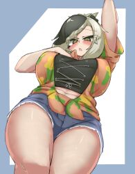 Rule 34 | 1girl, absurdres, arm up, belly, blush, border, breasts, curvy, from below, green eyes, green hair, hand on own chest, hand up, highres, huge breasts, kemono friends, looking at viewer, multicolored hair, navel, official alternate costume, open mouth, outside border, saltwater crocodile (kemono friends), shirt, short shorts, short sleeves, shorts, slit pupils, solo, tied shirt, urisaba