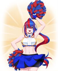 Rule 34 | 1girl, absurdres, alear (female) (fire emblem), alear (fire emblem), alternate costume, armpits, bare shoulders, bike shorts, blue eyes, blue gloves, blue hair, braid, breasts, cheering, cheerleader, crop top, crossed bangs, crown braid, fire emblem, fire emblem engage, gloves, heterochromia, highres, holding, holding pom poms, large breasts, long hair, looking at viewer, midriff, multicolored hair, navel, nintendo, official alternate hairstyle, open mouth, pleated skirt, pom pom (cheerleading), pom poms, red eyes, red hair, seityr, simple background, skirt, sleeveless, smile, solo, split-color hair, two-tone hair, very long hair