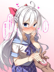 Rule 34 | 1girl, absurdres, ahoge, blue bow, blue bowtie, blue eyes, blue sailor collar, blue skirt, blush, bow, bowtie, braid, breath, closed mouth, controller, disembodied hand, female focus, flat chest, french braid, gradient background, hair between eyes, hair bow, hand to own mouth, hands up, heart, highres, holding, holding remote control, long hair, looking at viewer, nose blush, original, pink background, plaid, plaid bow, plaid bowtie, plaid skirt, pleated skirt, racer (magnet), red bow, remote control, sailor collar, school uniform, serafuku, shirt, short sleeves, sidelocks, simple background, skirt, solo focus, speech bubble, spoken heart, standing, sweat, talking, unmoving pattern, upper body, very long hair, white hair, white shirt