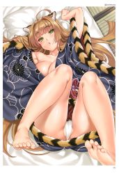 Rule 34 | 1girl, absurdres, ahoge, armpits, arms up, artist name, bare legs, barefoot, blunt bangs, breasts, brown hair, cameltoe, cle masahiro, cleavage, feet, foot focus, from above, green eyes, hair intakes, half-closed eyes, highres, japanese clothes, kimono, large breasts, legs up, long hair, looking at viewer, lying, no bra, obi, off shoulder, on back, page number, panties, pantyshot, sash, scan, soles, solo, tatami, toes, toranoana, triangle mouth, underwear, very long hair, white panties