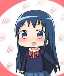 Rule 34 | &gt;:d, 1girl, :d, blue eyes, blue hair, blue skirt, blue sweater, blush, bow, bowtie, chibi, closed eyes, commentary request, cowboy shot, hair down, hana kazari, highres, kin-iro mosaic, komichi aya, long hair, long sleeves, looking at viewer, open mouth, pink bow, pink bowtie, pleated skirt, school uniform, shirt, sidelocks, skirt, smile, solo, standing, striped bow, striped bowtie, striped clothes, striped neckwear, sweater, two-tone background, v-shaped eyebrows, white shirt