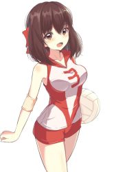 Rule 34 | 1022 deadly, 1girl, :d, ball, breasts, brown eyes, brown hair, elbow pads, from side, girls und panzer, headband, holding, holding ball, kondou taeko, large breasts, looking at viewer, medium hair, open mouth, red headband, red shirt, red shorts, shirt, short shorts, shorts, simple background, single vertical stripe, sleeveless, sleeveless shirt, smile, solo, sportswear, volleyball, volleyball (object), volleyball uniform, white background