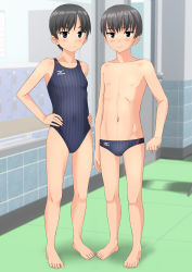Rule 34 | 1boy, 1girl, absurdres, androgynous, barefoot, black eyes, black hair, black male swimwear, black one-piece swimsuit, black swim briefs, commentary request, competition swimsuit, covered navel, full body, hands on own hips, highres, looking at viewer, male swimwear, mizuno (brand), navel, one-piece swimsuit, original, short hair, standing, striped clothes, striped male swimwear, striped one-piece swimsuit, swim briefs, swimsuit, takafumi, vertical-striped clothes, vertical-striped male swimwear, vertical-striped one-piece swimsuit