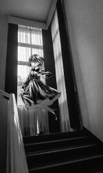 Rule 34 | 1girl, absurdres, closed eyes, collared dress, dress, full body, greyscale, highres, indoors, light smile, machihazure, mary janes, monochrome, original, pantyhose, photo background, shoes, short hair, solo, stairs, standing, standing on one leg, window