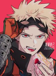 Rule 34 | 1boy, arm up, bakugou katsuki, bangs pinned back, birthday, black mask, blonde hair, blueberry, boku no hero academia, bright pupils, cactusnabe, cake, character name, colored sclera, dated, eye mask, film grain, fingernails, food, food on face, foreground text, fruit, furrowed brow, gloves, green gloves, grey sclera, hand up, high collar, highres, holding, holding cake, holding food, looking at viewer, male focus, mask lift, melting, open collar, open mouth, orange gloves, outline, pink background, pink outline, portrait, red eyes, sanpaku, short hair, simple background, single glove, single wrist guard, smile, solo, spiked hair, straight-on, strawberry shortcake, teeth, timestamp, tongue, tongue out, twitter username, two-tone gloves, upper teeth only, v-shaped eyebrows, white outline, white pupils