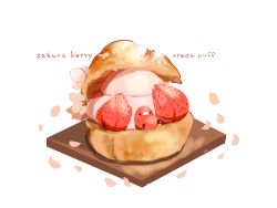 Rule 34 | artist name, bird, chai (drawingchisanne), cherry blossoms, commentary request, cream puff, food, food focus, fruit, highres, looking at viewer, no humans, original, petals, simple background, sitting on food, strawberry, white background