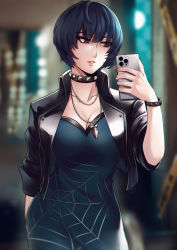 Rule 34 | 1girl, absurdres, black choker, black hair, black jacket, blue dress, blueriest, blunt bangs, bob cut, bracelet, breasts, brown eyes, cellphone, choker, cleavage, collarbone, commentary, dress, english commentary, female focus, fingernails, goth fashion, highres, holding, holding phone, jacket, jewelry, large breasts, lips, nail polish, necklace, open clothes, open jacket, parted lips, pendant, persona, persona 5, phone, pink lips, red nails, selfie, short hair, smartphone, solo, spider web print, studded bracelet, studded choker, takemi tae, taking picture, teeth