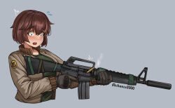 Rule 34 | 1girl, absurdres, assault rifle, bomber jacket, breasts, brown hair, brown jacket, chance8000, chinese commentary, commentary request, cropped torso, finger on trigger, gloves, green shirt, grey background, grey gloves, grey jacket, gun, gun malfunction, hair between eyes, highres, holding, holding gun, holding weapon, jacket, large breasts, long sleeves, looking at object, looking down, m16, m16a1, open clothes, open jacket, open mouth, original, patch, rifle, shell casing, shirt, short hair, shoulder patch, smoke, smoking barrel, solo, suppressor, surprised, teeth, two-tone gloves, unit patch, upper body, upper teeth only, weapon