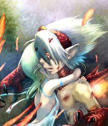 Rule 34 | 1boy, 1girl, armlet, breasts, breath of fire, breath of fire v, commentary request, crying, dress, full-body tattoo, hug, jewelry, meitarou, nina (breath of fire v), red wings, ryuu (breath of fire v), short hair, tattoo, white dress, wings