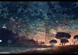 Rule 34 | 1girl, cloud, flower, highres, kein tan, lens flare, long hair, original, river, scenery, sitting, sky, solo, star (sky), starry sky, sunset, transmission tower, tree, water