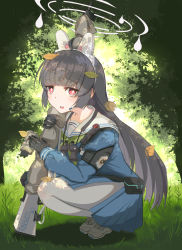 Rule 34 | 1girl, absurdres, animal ears, bent over, black hair, blue archive, blunt bangs, commentary request, fake animal ears, from side, full body, gun, hairband, halo, highres, holding, holding gun, holding weapon, leaf, leaf on head, long hair, long sleeves, looking at viewer, looking to the side, miyu (blue archive), pantyhose, parted lips, pleated skirt, rabbit ears, red eyes, rifle, school uniform, serafuku, shinono felca, sidelocks, skirt, sniper rifle, solo, squatting, weapon, white pantyhose