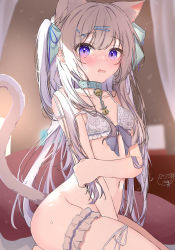 Rule 34 | 1girl, absurdres, animal ear fluff, animal ears, ass, bell, blurry, blurry background, blush, bottomless, bow, bow bra, bra, bra pull, breasts, cat ears, cat tail, choker, clothes pull, covering privates, covering crotch, extra ears, hair bow, hair ornament, hair ribbon, hairclip, highres, holding, hoshimiya bia, long hair, navel, no panties, open mouth, original, purple eyes, ribbon, sitting, small breasts, solo, sweat, tail, tail raised, thigh strap, thighs, twintails, underwear, white hair