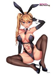 Rule 34 | 1girl, animal ears, arm support, arm up, armpits, artist name, ass, blonde hair, blue eyes, blush, breasts, brown thighhighs, cleavage, dark-skinned female, dark skin, detached collar, elbow gloves, fake animal ears, fishnet thighhighs, fishnets, full body, gloves, hair between eyes, hair ornament, hairclip, high heels, highleg, highleg leotard, lace, lace-trimmed gloves, lace-trimmed legwear, lace trim, large breasts, leotard, lips, long hair, looking at viewer, mataro (matarou), navel, necktie, official art, original, playboy bunny, ponytail, rabbit ears, side ponytail, simple background, sitting, skindentation, smile, solo, strapless, strapless leotard, swept bangs, thighhighs, v-shaped eyebrows, w, white background, wrist cuffs, x hair ornament
