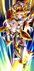 Rule 34 | 1000, 1girl, alternate hair length, alternate hairstyle, armor, armored boots, armpits, arms up, black pants, blunt bangs, boots, faulds, gloves, highres, holding, holding weapon, midriff, navel, open mouth, pants, senki zesshou symphogear, senki zesshou symphogear xd unlimited, solo, stomach, terashima shiori, weapon, yellow eyes