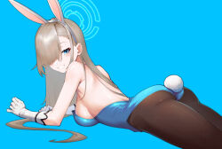 Rule 34 | 1girl, absurdres, animal ears, ass, asuna (blue archive), backless leotard, bare shoulders, blue archive, blue eyes, blue leotard, blush, bow, breasts, cleavage, fake animal ears, fake tail, fishnets, ghosty (xiaobai), gloves, hair over one eye, halo, highleg, highleg leotard, highres, large breasts, leotard, light brown hair, long hair, looking at viewer, looking back, official alternate costume, pantyhose, playboy bunny, rabbit ears, rabbit tail, simple background, smile, solo, strapless, strapless leotard, tail, white gloves