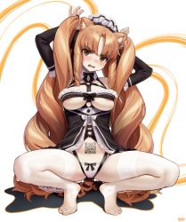 Rule 34 | 1girl, alternate costume, animal ear fluff, animal ears, areola slip, arknights, arms up, black bow, black bowtie, blush, bow, bowtie, breasts, collarbone, detached sleeves, embarrassed, fang, front slit, full body, hands in hair, head tilt, highres, large breasts, long hair, long sleeves, looking at viewer, maid headdress, open mouth, panties, parted bangs, pubic tattoo, qr code, ringlets, signature, solo, songchuan li, spread legs, squatting, stirrup legwear, swire (arknights), tail, tattoo, thighhighs, tiger ears, tiger tail, toeless legwear, toenails, toes, twintails, two-tone background, underboob, underwear, v-shaped eyebrows, very long hair, wavy hair, white background, white bow, white panties, white thighhighs
