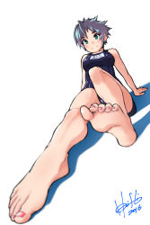 Rule 34 | 1girl, barefoot, blush, breasts, earrings, feet, foot focus, foreshortening, green eyes, grey hair, highres, hori shin, jewelry, medium breasts, one-piece swimsuit, original, school swimsuit, short hair, sitting, smile, soles, solo, swimsuit, toes