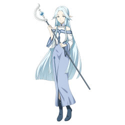 Rule 34 | 10s, 1girl, blue eyes, blue hair, dress, full body, hair ornament, highres, holding, long hair, looking at viewer, matching hair/eyes, official art, pointy ears, simple background, siune (sao), smile, solo, staff, sword art online, sword art online: code register