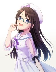 Rule 34 | 1girl, black hair, blue-framed eyewear, blue eyes, blush, breasts, brown background, collarbone, dot nose, dress, from side, glasses, gradient background, hand up, hat, hat ribbon, highres, idolmaster, idolmaster shiny colors, long hair, long sleeves, looking at viewer, mitsumine yuika, neck ribbon, open mouth, purple ribbon, ribbon, ribbon-trimmed sleeves, ribbon trim, sailor collar, saka nanato, see-through, see-through sleeves, semi-rimless eyewear, simple background, small breasts, smile, solo, under-rim eyewear, upper body, white background, white dress, white sailor collar