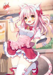 Rule 34 | 1girl, :d, animal ears, apron, bell, blurry, blurry background, blush, bow, bow panties, breasts, cat ears, cat girl, cat tail, center opening, chair, coffee, collared shirt, commentary request, cup, depth of field, food, frilled apron, frilled skirt, frills, fruit, hair between eyes, hair bow, holding, holding tray, indoors, long hair, looking at viewer, mauve, neck bell, open mouth, original, panties, parfait, pink apron, pink hair, puffy short sleeves, puffy sleeves, red bow, red footwear, red skirt, shirt, shoes, short sleeves, single thighhigh, skirt, small breasts, smile, solo, standing, standing on one leg, strawberry, tail, thighhighs, tray, two side up, underwear, wafer stick, white panties, white shirt, white thighhighs, yellow eyes