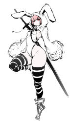 Rule 34 | 1girl, animal hood, bad id, bad tumblr id, breasts, bright pupils, commentary request, full body, highres, hometa, hood, hood up, jitome, leotard, long sleeves, long sword, looking at viewer, original, pink hair, rabbit hood, red eyes, short hair, simple background, sketch, small breasts, solo, standing, standing on one leg, striped clothes, striped thighhighs, thighhighs, weapon, weapon on back, white background, wide sleeves