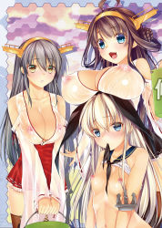 Rule 34 | 3girls, absurdres, bare shoulders, black hair, black hairband, blonde hair, blush, boots, breast rest, breasts, breasts on head, brown eyes, brown hair, cleavage, crop top, detached sleeves, double bun, grey eyes, hair bun, hair ornament, hairband, hairclip, haruna (kancolle), headgear, high heels, highres, japanese clothes, kantai collection, kongou (kancolle), large breasts, long hair, looking at viewer, multiple girls, nipples, nontraditional miko, obiwan, open mouth, scan, school uniform, see-through, serafuku, shimakaze (kancolle), skirt, small breasts, smile, thigh boots, thighhighs, wet, wet clothes