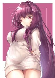 Rule 34 | 1girl, arms behind back, beige sweater, blush, border, breasts, fate/grand order, fate (series), hair between eyes, hair intakes, hane yuki, highres, large breasts, long hair, long sleeves, looking at viewer, one eye closed, open mouth, purple background, purple hair, red eyes, ribbed sweater, scathach (fate), simple background, solo, sweater, thighs, turtleneck, turtleneck sweater, white border