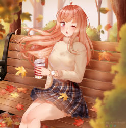 Rule 34 | 1girl, :o, ahoge, artist name, autumn, bench, black skirt, blush, breasts, brown sweater, coffee, commentary, commission, deviantart logo, hair ornament, hairclip, highres, holding, instagram logo, large breasts, long hair, looking at viewer, nail polish, one eye closed, original, outdoors, pink eyes, pink nails, puppypaww, sitting, skirt, solo, sweater, twitter logo, watch, wristwatch