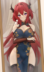 Rule 34 | 1girl, alternate costume, arknights, artist name, bare shoulders, black thighhighs, blue dress, blush, breasts, china dress, chinese clothes, cleavage, cleavage cutout, closed mouth, clothing cutout, commentary, covered navel, cowboy shot, crossed arms, curtains, detached sleeves, dress, english commentary, female pov, floral print, highres, horns, indoors, large breasts, long hair, long sleeves, looking at mirror, looking at viewer, mirror, nassss, pelvic curtain, pov, print dress, purple eyes, red hair, solo, surtr (arknights), thighhighs, twitter username, v-shaped eyebrows, very long hair