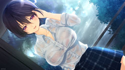 Rule 34 | 1girl, black hair, blush, bralines, breasts, collared shirt, dutch angle, hair between eyes, hanagumanasua, hand in own hair, highres, large breasts, looking at viewer, medium hair, original, parted lips, pleated skirt, red eyes, school uniform, see-through, shirt, shirt tucked in, signature, skirt, smile, solo, sunlight, tree, wet, wet clothes, wet hair, wet shirt, white shirt