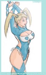 Rule 34 | 1990s (style), 1girl, artist name, blonde hair, blue eyes, breasts, capcom, champ+, cleavage, cleavage cutout, clothing cutout, covered navel, cowboy shot, leotard, rainbow mika, retro artstyle, simple background, sketch, smile, solo, standing, street fighter, street fighter zero (series), translucent border, twintails, watermark, web address, white background