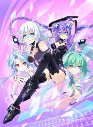 Rule 34 | 10s, 4girls, :i, ahoge, armpits, arms behind head, arms up, bare shoulders, binary, black heart (neptunia), black legwear, blanc (neptunia), blue eyes, blue hair, blush, braid, breasts, breasts apart, bright pupils, center opening, choujigen game neptune, cleavage, cleavage cutout, closed mouth, clothing cutout, cover, covered collarbone, d-pad, elbow gloves, expressionless, eyebrows, flat chest, flipped hair, floating hair, from side, frown, full body, gloves, glowing, gradient background, green hair, green heart (neptunia), hair between eyes, hair intakes, hair ornament, halterneck, hand on own chest, high ponytail, highres, invisible chair, knee up, large breasts, leotard, light smile, long hair, looking at viewer, magical girl, medium breasts, multiple girls, neon trim, neptune (neptunia), neptune (series), noire (neptunia), non-web source, official art, pink background, ponytail, power symbol, power symbol-shaped pupils, purple background, purple eyes, purple hair, purple heart (neptunia), red eyes, short hair with long locks, sidelocks, simple background, sitting, small breasts, smile, symbol-shaped pupils, thighhighs, transparent, tsunako, turtleneck, twin braids, underboob, upper body, vert (neptunia), very long hair, video game cover, white gloves, white hair, white heart (neptunia)