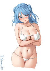Rule 34 | 1girl, bare arms, bare legs, bare shoulders, bikini, blue eyes, blue hair, blush, breasts, cleavage, collarbone, cowboy shot, cropped legs, crossed arms, double bun, ebifurya, eyepatch bikini, groin, hair bun, highres, kantai collection, large breasts, long hair, navel, open mouth, simple background, solo, swimsuit, twitter username, urakaze (kancolle), white background, white bikini