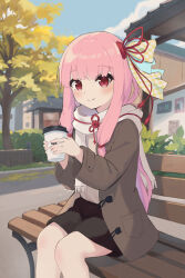 Rule 34 | 1girl, bench, blush, coat, cup, day, disposable cup, duffel coat, hair ornament, hakurou kunai, highres, holding, holding cup, jacket, kotonoha akane, outdoors, pink hair, red eyes, scarf, sitting, sky, smile, solo, voiceroid