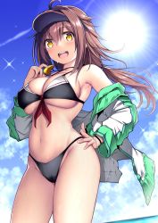 Rule 34 | 1girl, ahoge, bikini, black bikini, breasts, brown eyes, brown hair, cowboy shot, day, hair between eyes, hand on own hip, highres, jacket, kantai collection, kuromayu, large breasts, long hair, looking at viewer, navel, off shoulder, open clothes, open jacket, outdoors, shiratsuyu (kancolle), shiratsuyu kai ni (kancolle), solo, standing, swimsuit, visor cap, wet, whistle, whistle around neck