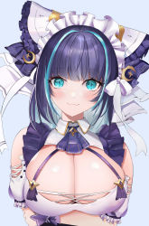 Rule 34 | 1girl, absurdres, animal ears, aqua eyes, aqua hair, arms under breasts, azur lane, bare shoulders, blue background, breasts, cat ears, cheshire (azur lane), cleavage, detached sleeves, fake animal ears, frilled hairband, frills, hairband, highres, large breasts, looking at viewer, multicolored hair, puffy short sleeves, puffy sleeves, purple hair, short sleeves, simple background, solo, streaked hair, two-tone hair, upper body, zhanggong