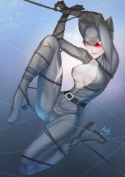 Rule 34 | 1girl, animal ears, artist name, asdj, batman (series), bdsm, belt, bodysuit, bondage, bound, breasts, brown eyes, cat ears, catwoman, center opening, covered erect nipples, dc comics, fake animal ears, full body, high heels, highres, large breasts, partially unzipped, selina kyle, signature, solo, tongue, tongue out, torn clothes, visor, zipper