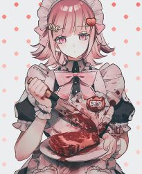 Rule 34 | 1girl, alternate costume, alternate hair ornament, apron, artist name, black dress, blood, blood on clothes, blood on hands, bow, bowtie, buttons, collared dress, cowboy shot, danganronpa (series), danganronpa 2: goodbye despair, dress, enmaided, expressionless, food, frilled apron, frills, hair ornament, heart, heart apron, heart hair ornament, highres, holding, holding knife, holding plate, knife, maid, maid apron, maid headdress, meat, medium hair, nanami chiaki, pink bow, pink bowtie, pink eyes, pink hair, plate, polka dot, polka dot background, puffy short sleeves, puffy sleeves, rina (crystalrina), short sleeves, smile, solo, translation request, upper body, white background