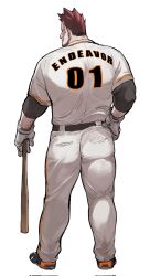 Rule 34 | 1boy, alternate costume, ass, bara, baseball, baseball bat, baseball jersey, baseball uniform, blue eyes, boku no hero academia, compression shirt, endeavor (boku no hero academia), facial hair, from behind, gloves, hand on own hip, highres, jersey, leather, leather belt, male focus, mature male, migi (mm86262394), muscular, muscular male, pants, red hair, scar, scar on face, short hair, simple background, solo, spiked hair, sportswear, stubble, thick thighs, thighs, tight clothes, white background